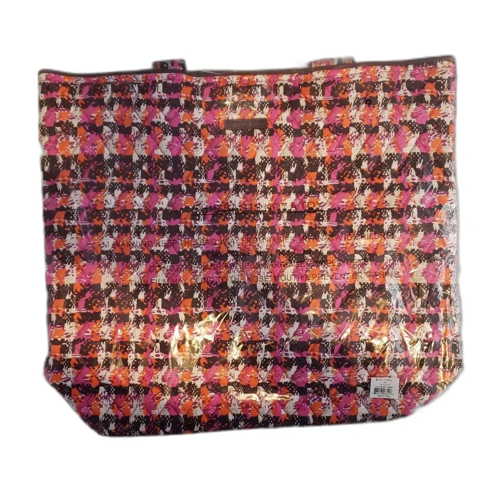 VERA BRADLEY Houndstooth Tweed Tote Pink Orange Quilted Cotton Handbag NEW